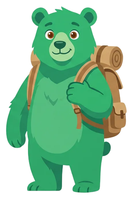 BagBridge bear mascot standing with a traveler's backpack