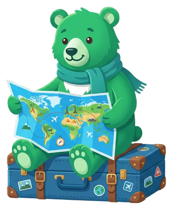 BagBridge bear mascot exploring a world map